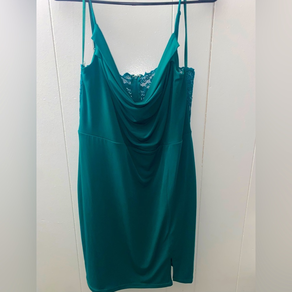 City Studio Emerald Green Cowl Neck Lace Back Side Slit Mini Dress
